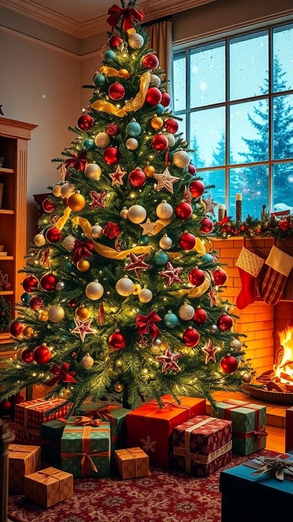 A cozy Christmas scene with a decorated tree, gifts, and a fireplace.